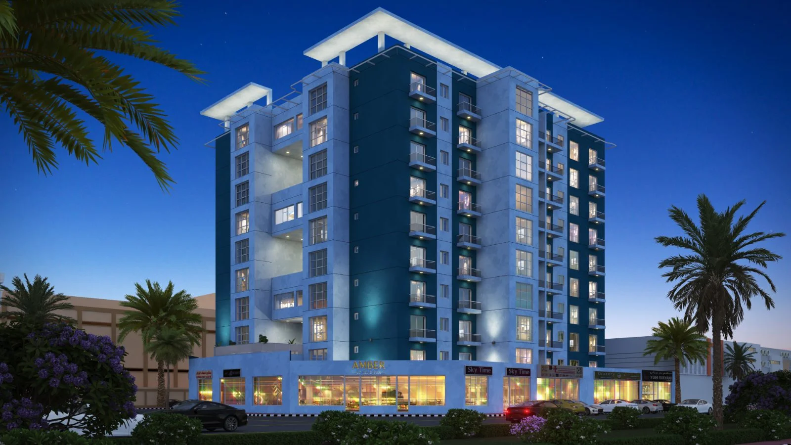 Amber by 1XL Infra illuminated building at night, Al Qusais, Dubai