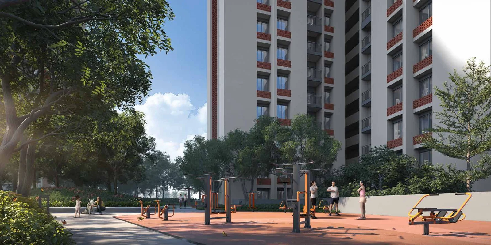 DTC Downtown outdoor gymnasium beside landscaped residential towers, Rajarhat, Kolkata