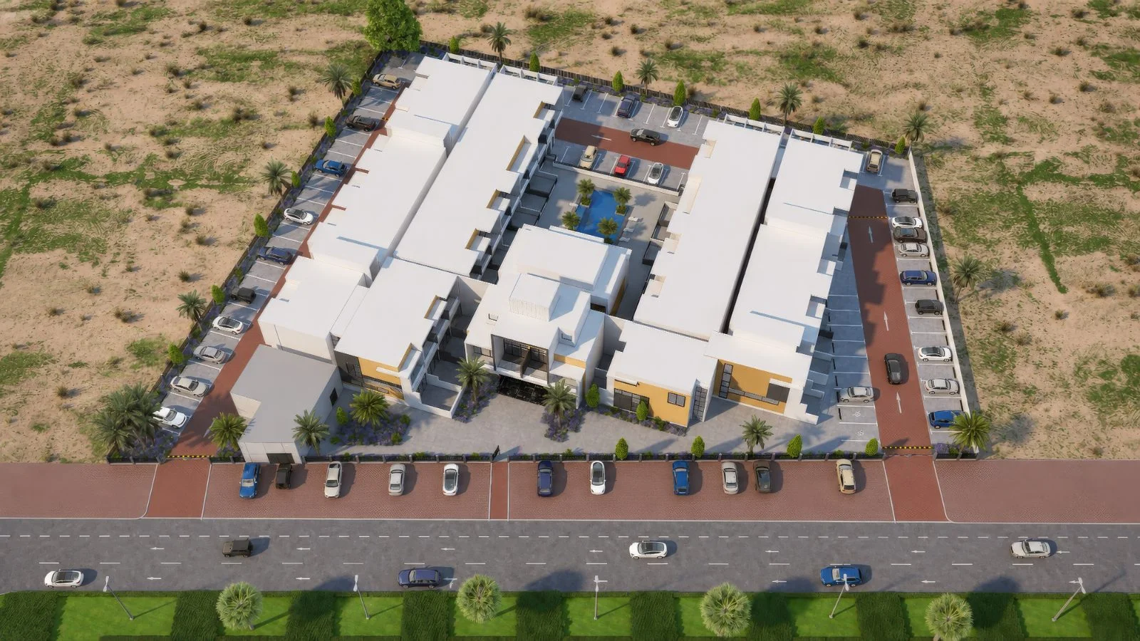 Sapphire by 1XL Infra aerial view of buildings, pool and parking, Dubai Industrial City