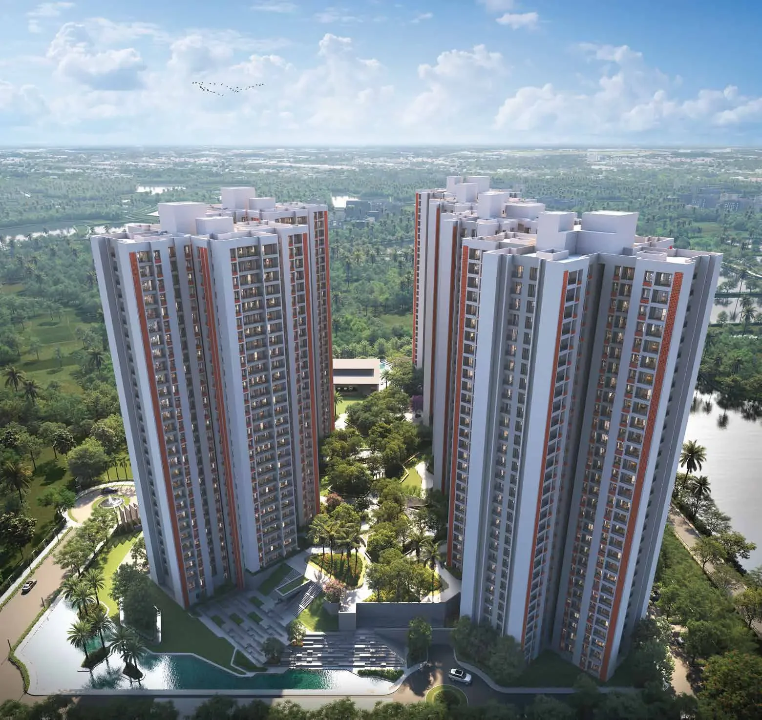 DTC Downtown aerial view of towers and landscaped podium, Rajarhat, Kolkata