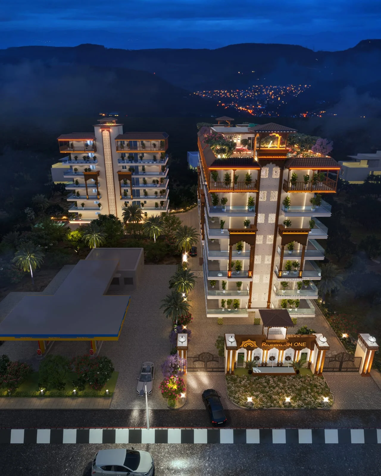 Rishikesh One by ETH Infra illuminated towers at night, Haridwar–Rishikesh Road, Rishikesh
