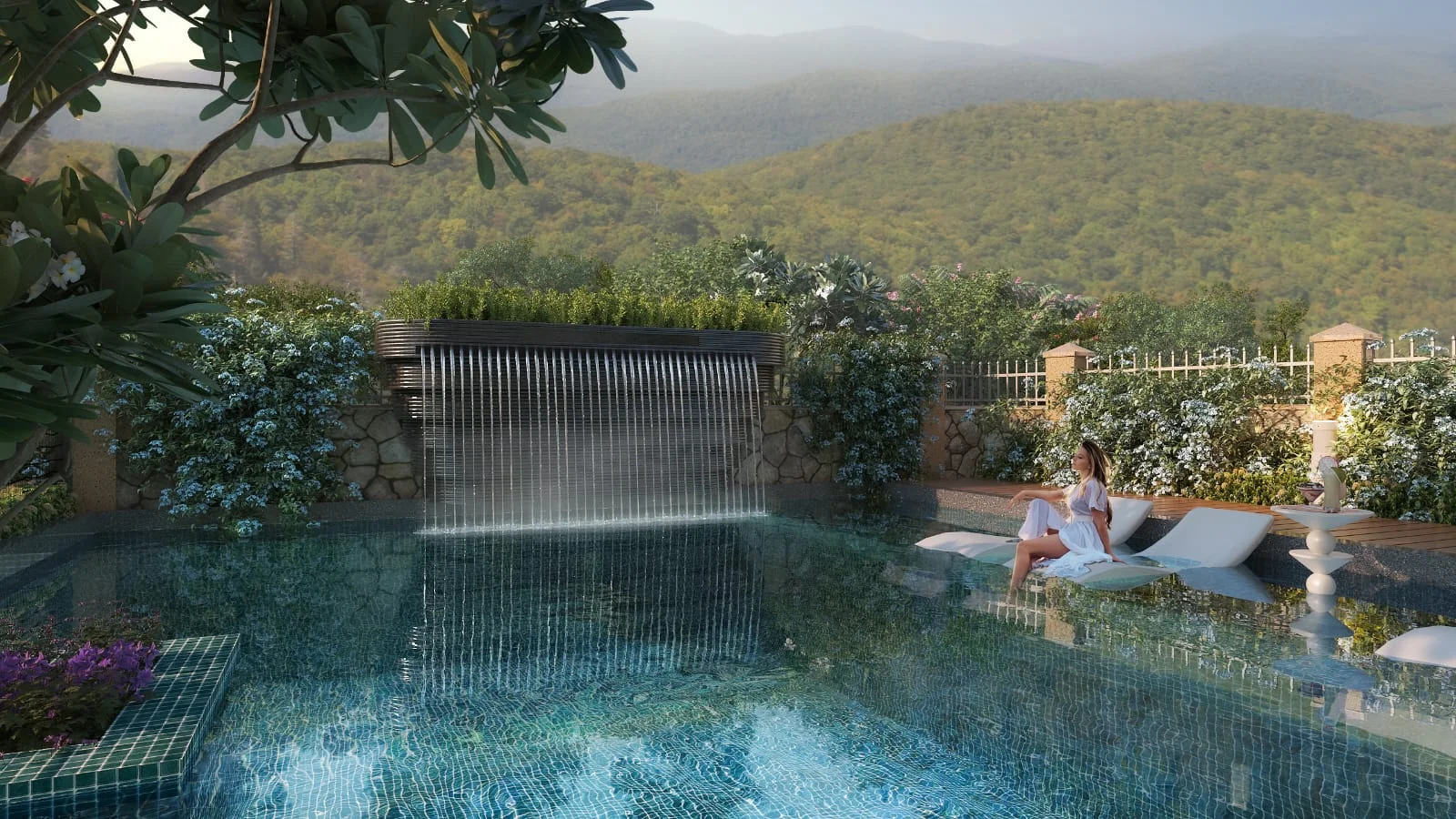 Rishikesh One by ETH Infra swimming pool with waterfall and landscaped gardens, Haridwar–Rishikesh Road, Rishikesh