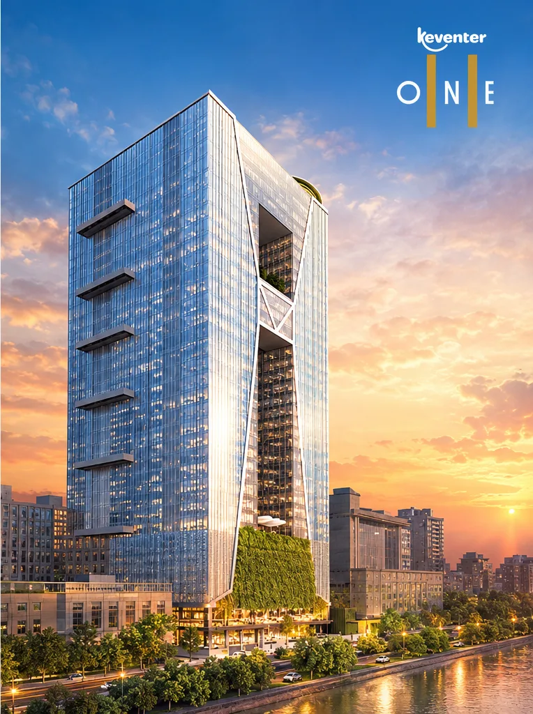 Keventer One illuminated twin towers at sunset, Dalhousie Kolkata
