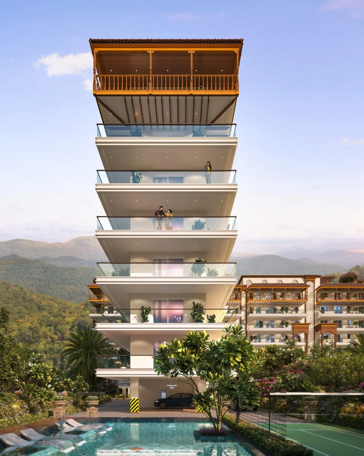 Rishikesh One by ETH Infra tower balconies above the pool, Haridwar–Rishikesh Road, Rishikesh
