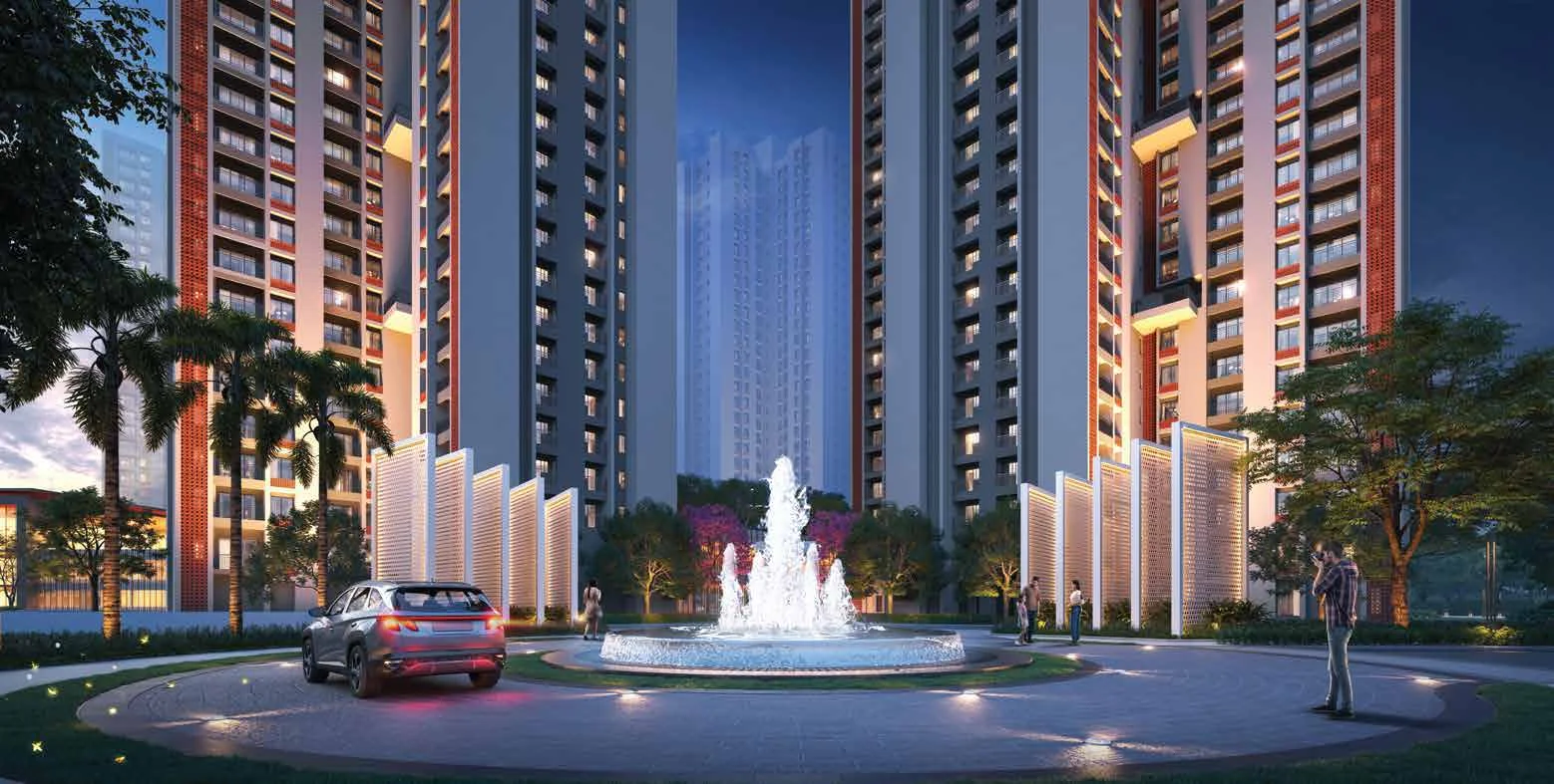 DTC Downtown grand entrance with fountain and residential towers, Rajarhat, Kolkata