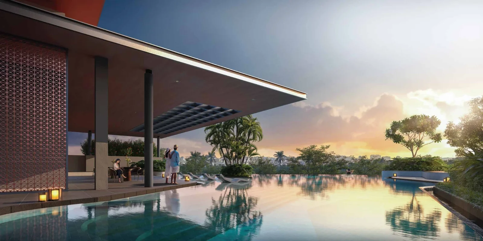 DTC Downtown swimming pool and poolside terrace at sunset, Rajarhat, Kolkata
