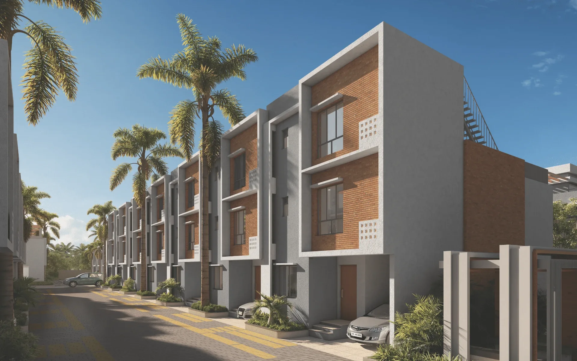 DTC Palm Grove Delight 4 BHK villas along a palm-lined street, Joka, Kolkata