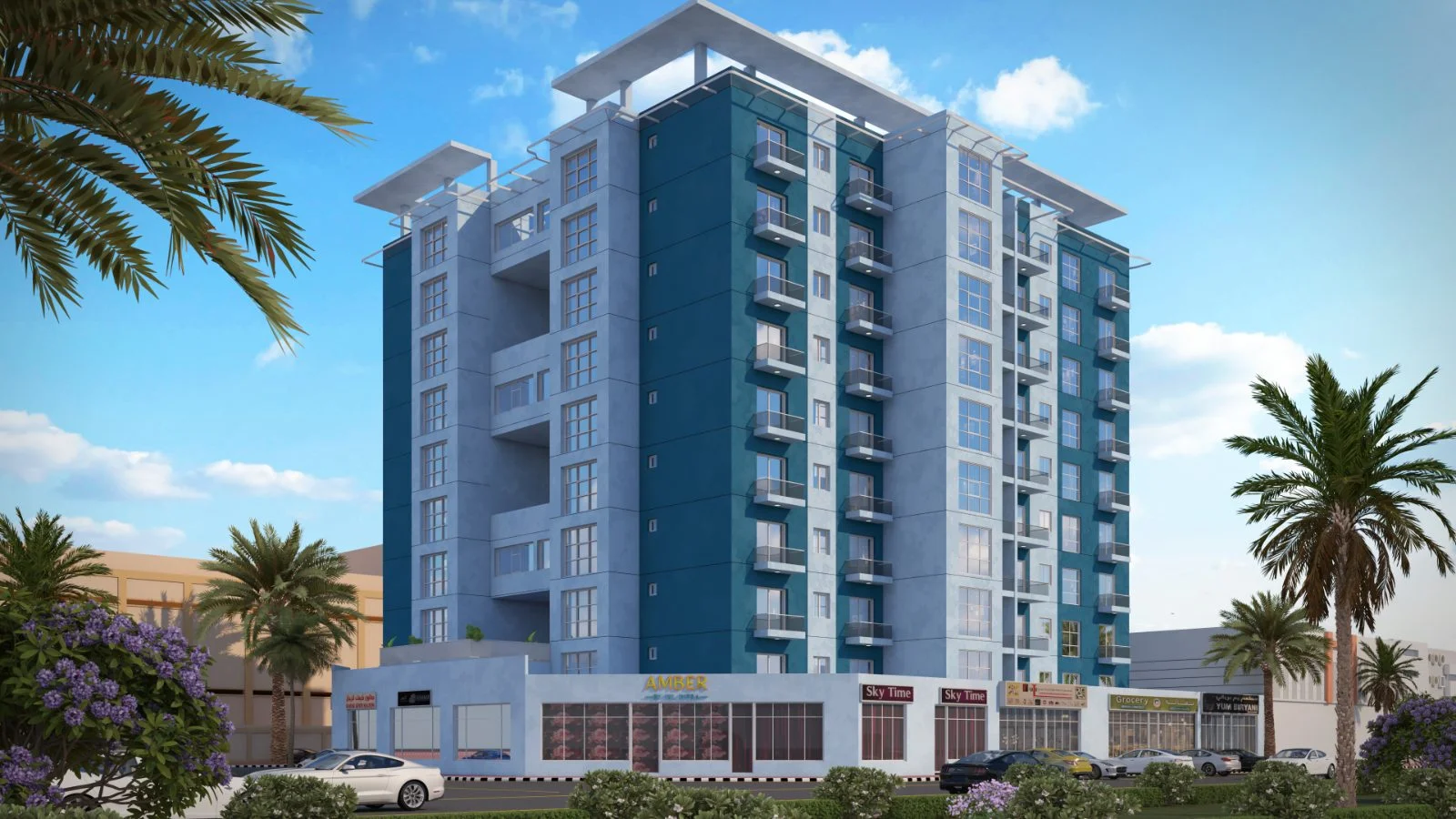 Amber by 1XL Infra building exterior and ground-floor retail, Al Qusais, Dubai