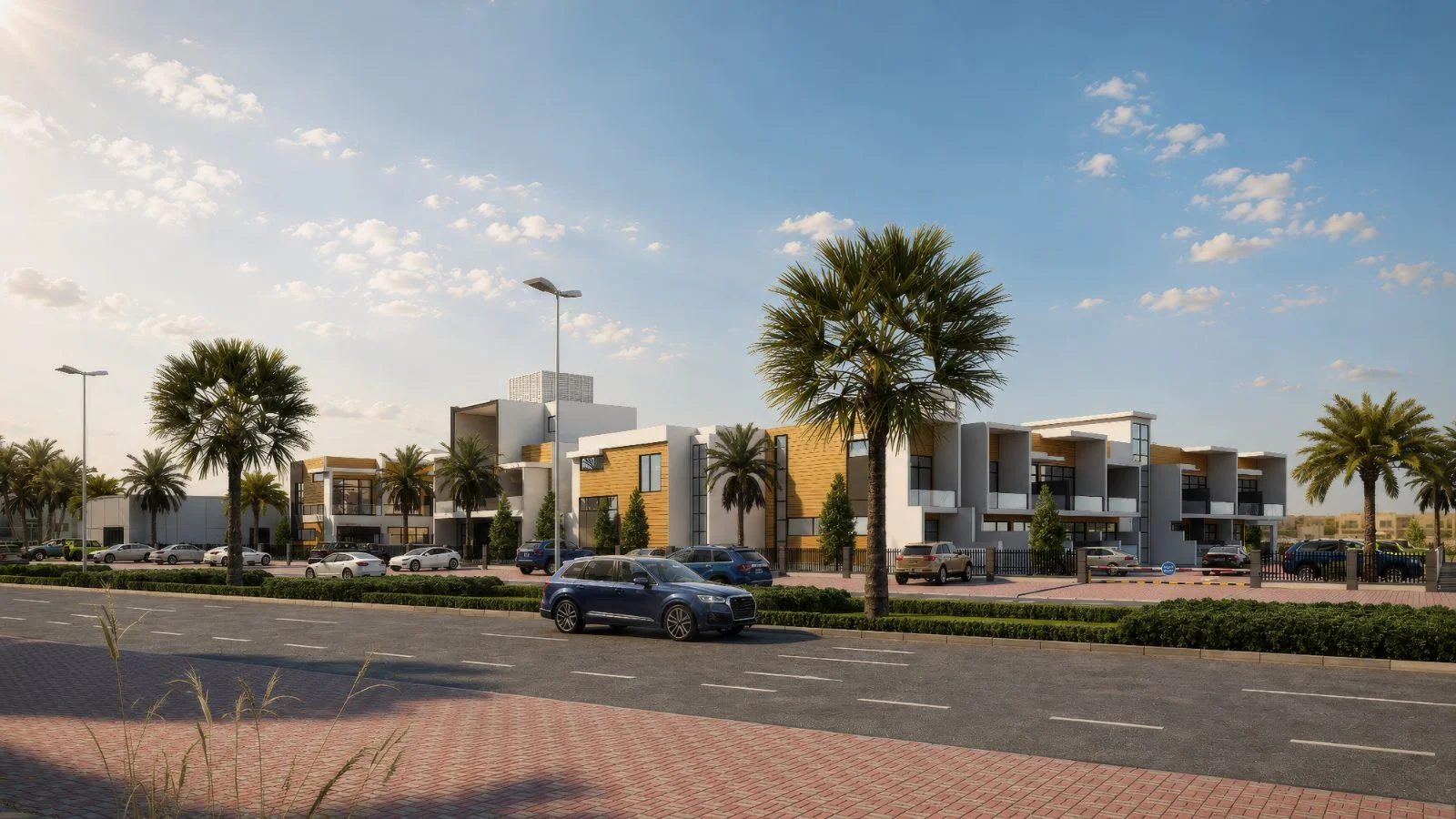 Sapphire by 1XL Infra street frontage and landscaped palms, Dubai Industrial City