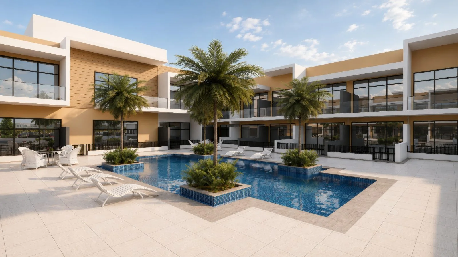 Sapphire by 1XL Infra swimming pool courtyard and palms, Dubai Industrial City