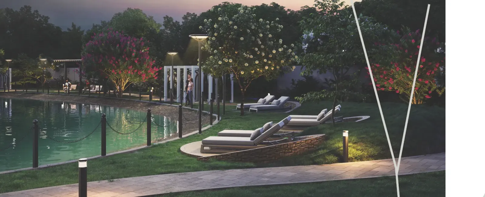 DTC Stillwaters pond-side loungers and landscaped walkway, Rajarhat, New Town