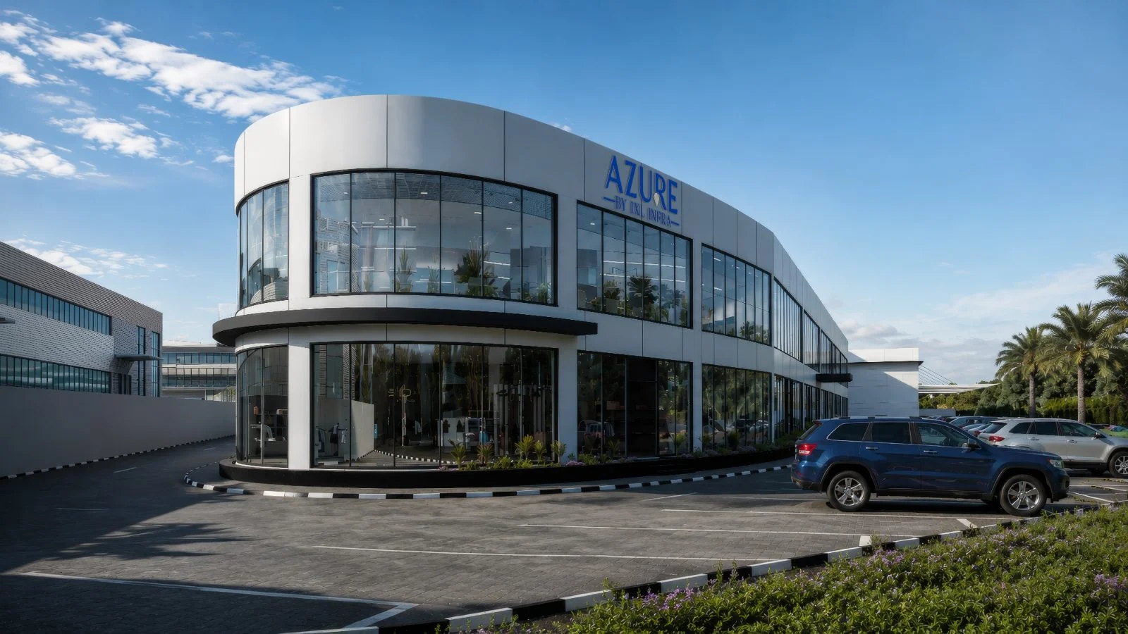Azure by 1XL Infra curved commercial building exterior and parking, Dubai Investment Park 1, Dubai
