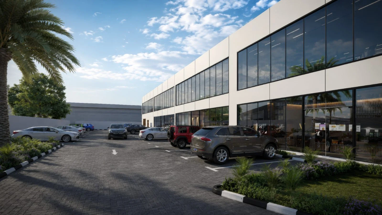 Azure by 1XL Infra showroom frontage and landscaped parking, Dubai Investment Park 1, Dubai