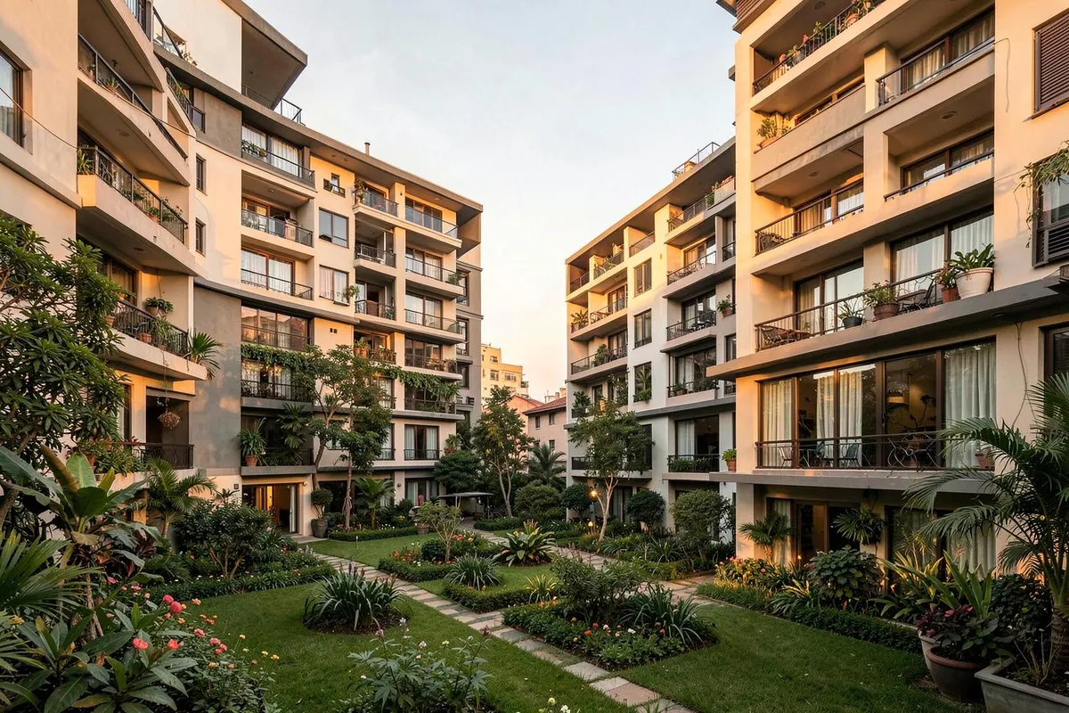 Peerless Trayam residential towers around a landscaped garden courtyard, Kolkata